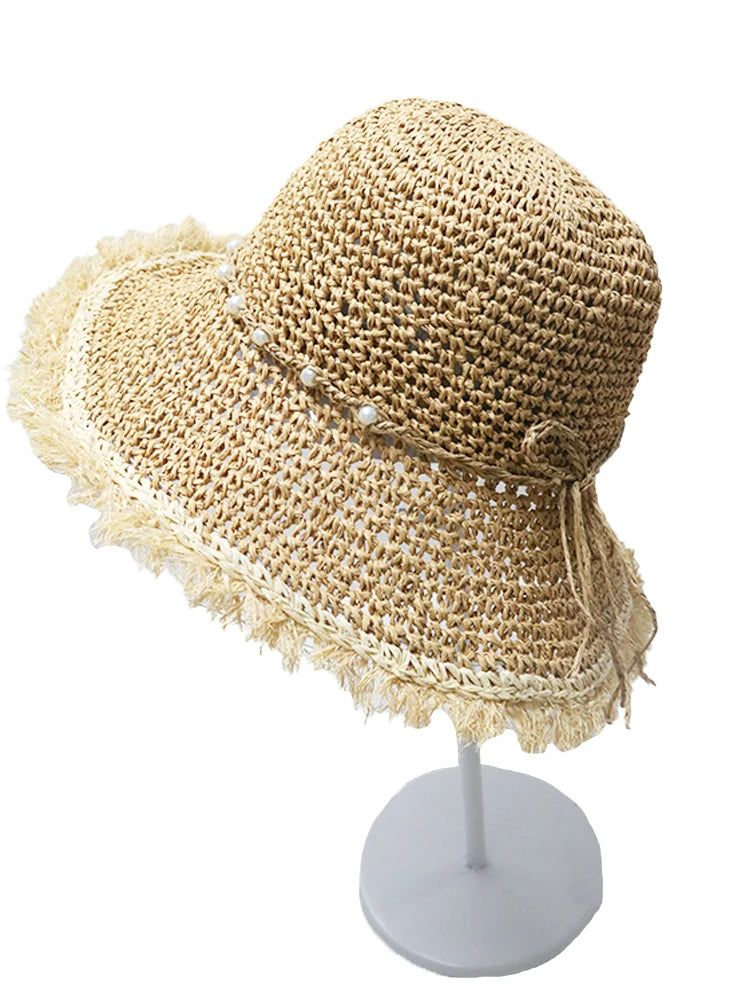 Crochet Straw Hat for Women Summer Handmade Hollow Out Panama Raffia Paper Tassel Edge Beach Hats UV Protect Foldable Sun Visor