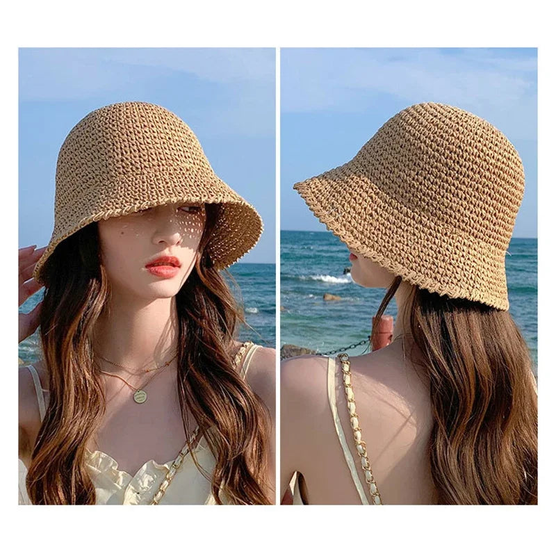 Woven Straw Dome Bucket Hat — Wide Brim Sun Hat for Women