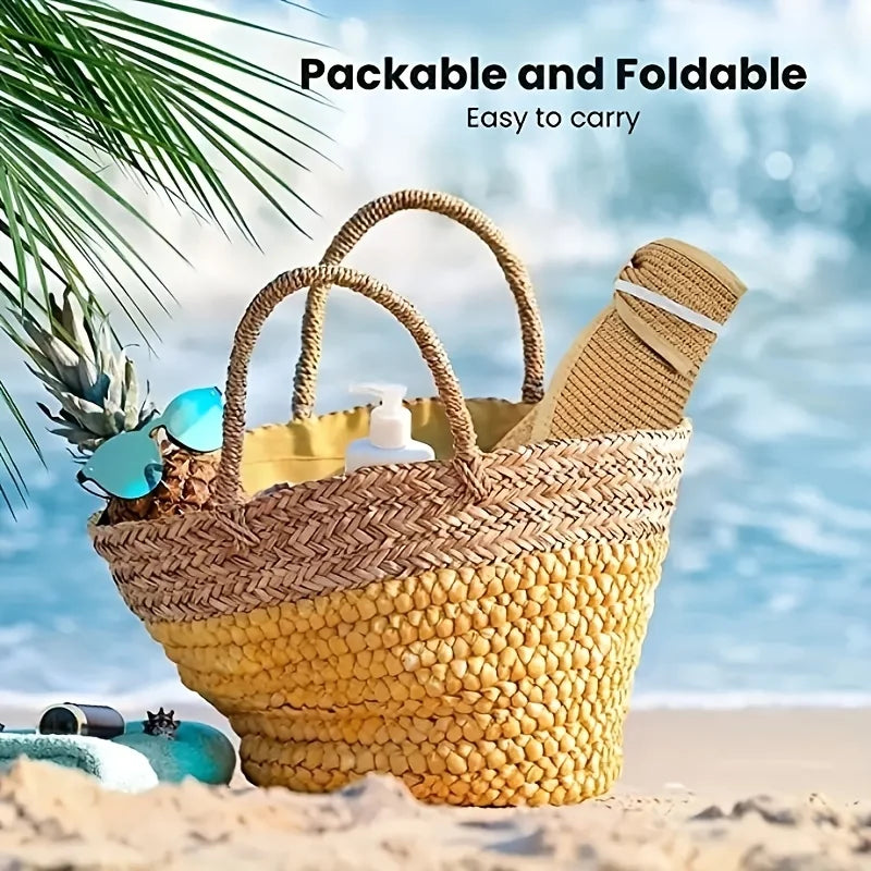 Foldable Wide Brim Straw Visor Hat — UV Protection Beach Sun Hat for Women