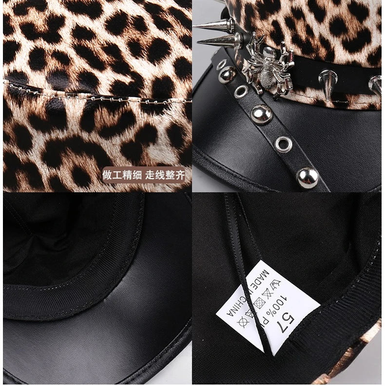 Vintage Leather Beret Hat – Leopard Print, Silver Rivets & Giving Parisian Baddie Energy 🐆✨