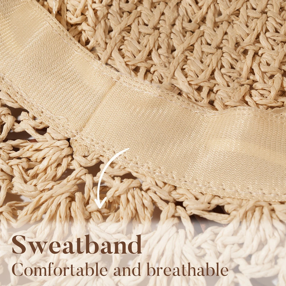 Women's Crochet Straw Hat with Bowknot, Wide Brim Summer Sun Hat for Beach, Travel & Outdoor Activities, Breathable Floppy Straw