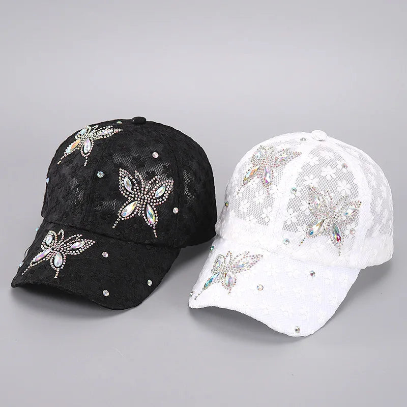 Summer Lace Flowers Baseball Caps for Women Butterfly Rhinestone Breathable Mesh Snapback Hat Hip Hop Hat Fashion Sun Hat Gorras