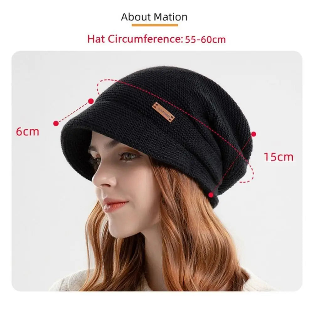 Casual Soft Knitted Hat Short Brim Thickened Beanies Fleece Lined Windproof Ear Protection Women Girl