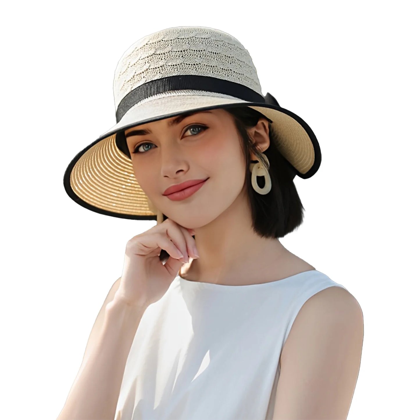 Summer Beach Straw Sun Hat Breathable French Style Bowknot Straw Hats Elegant Hat for Outdoor Travel Photography