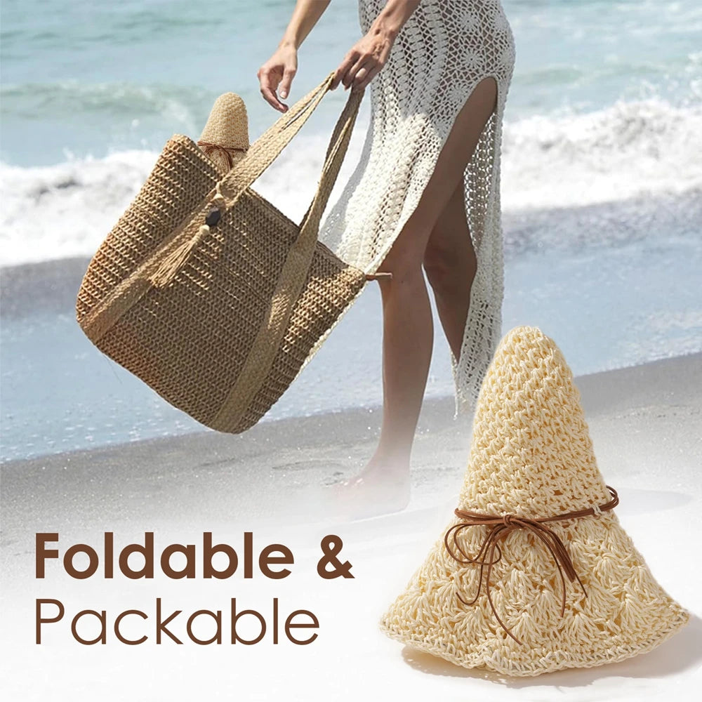 Women's Crochet Straw Hat with Bowknot, Wide Brim Summer Sun Hat for Beach, Travel & Outdoor Activities, Breathable Floppy Straw