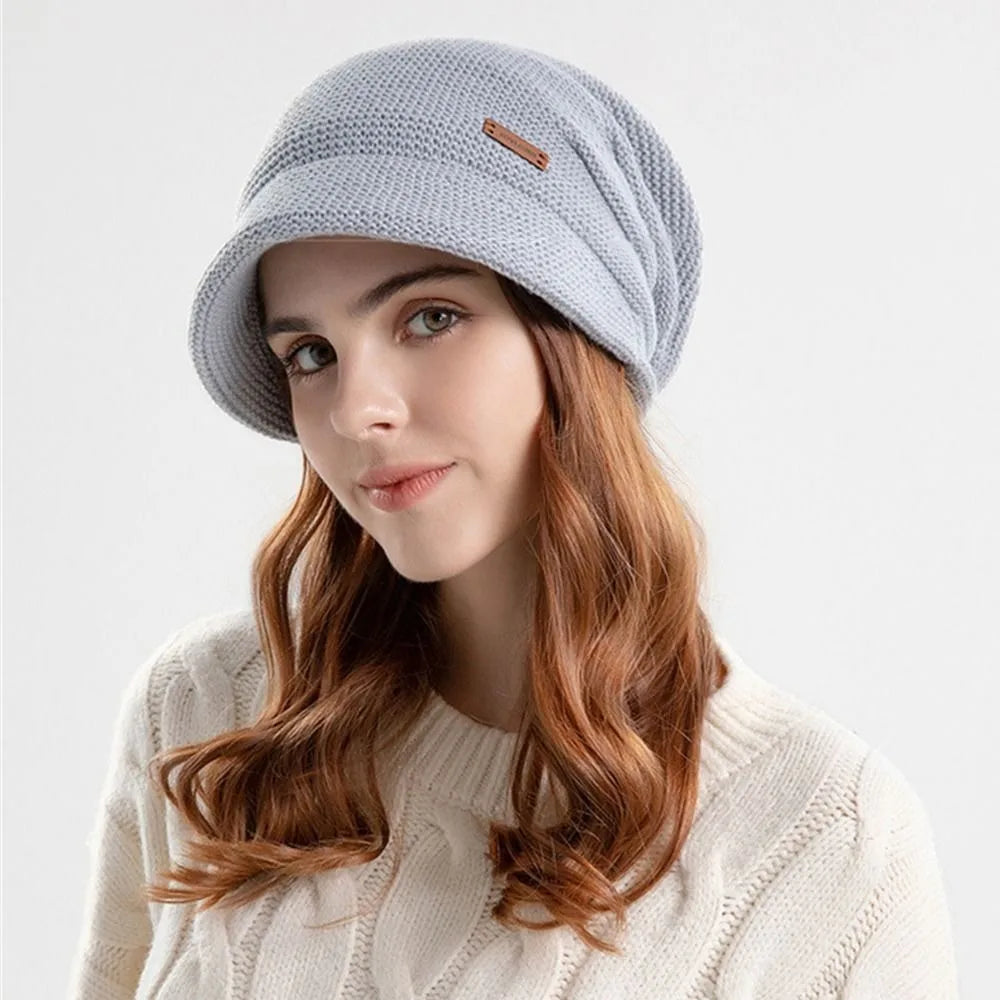 Casual Soft Knitted Hat Short Brim Thickened Beanies Fleece Lined Windproof Ear Protection Women Girl