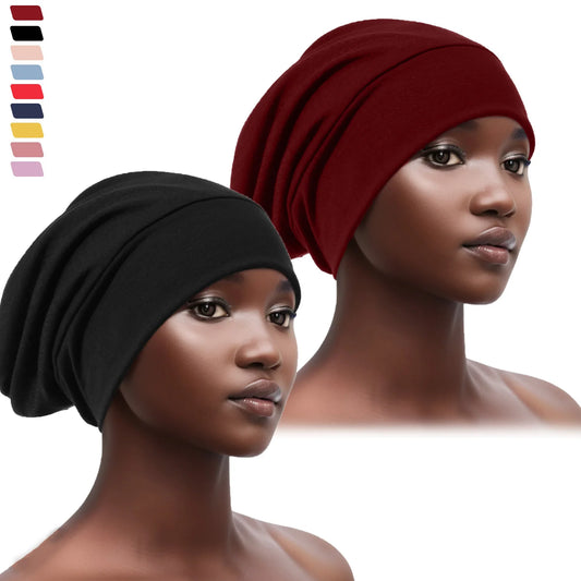 2Pcs Women Soft Satin Lining Muslim Turban Hat Sleep Cap Cancer Chemo Hat Beanie Headwrap Hair Loss Bonnet Arab India Caps