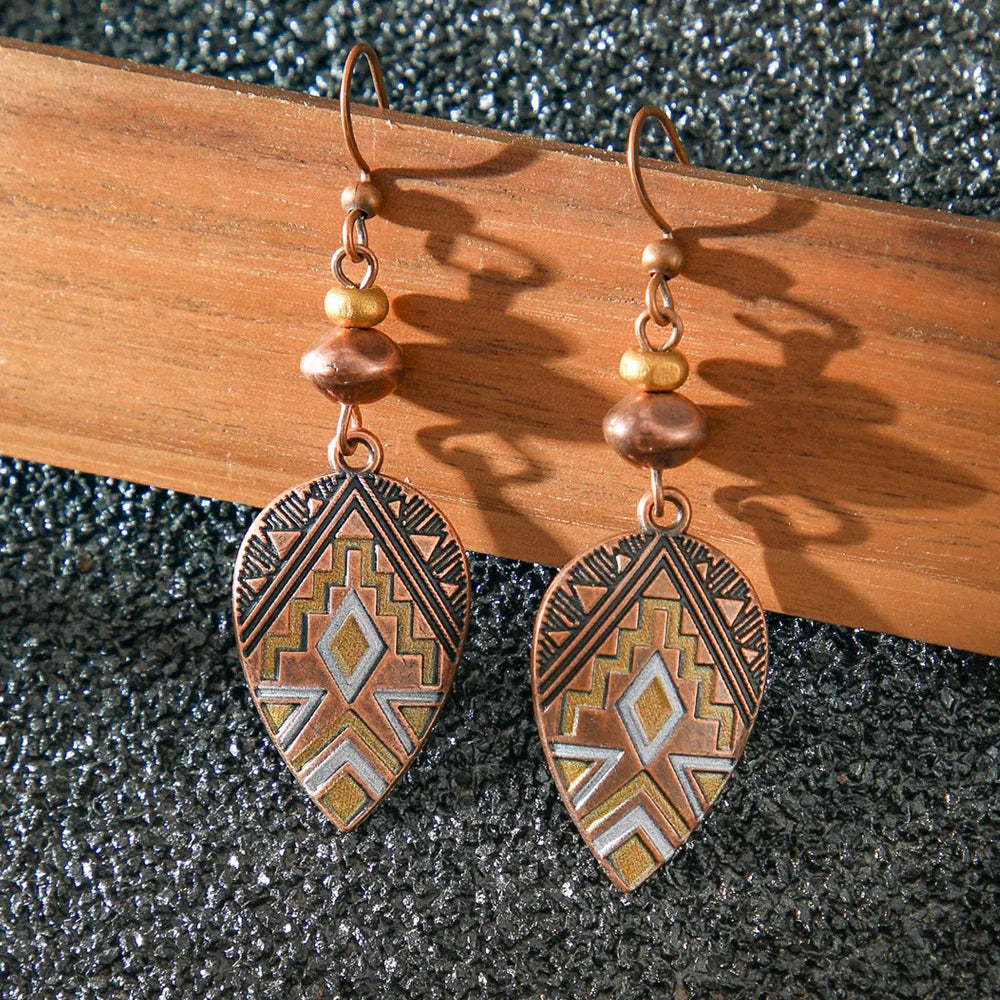 Boho Vintage Geometric Dangle Earrings – Ethnic Metal Leaf Tassel & Giving Free-Spirit Statement Energy 🌿✨