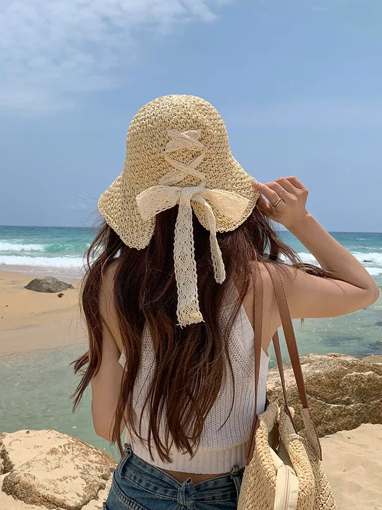 2025 New Women's Braided Straw Fisherman Hat UPF50+ Breathable Summer Beach Vacation Sun Protection Wide Brim Adjustable