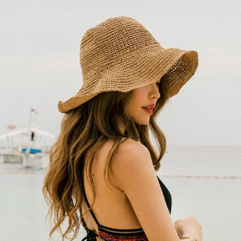Woven Straw Dome Bucket Hat — Wide Brim Sun Hat for Women