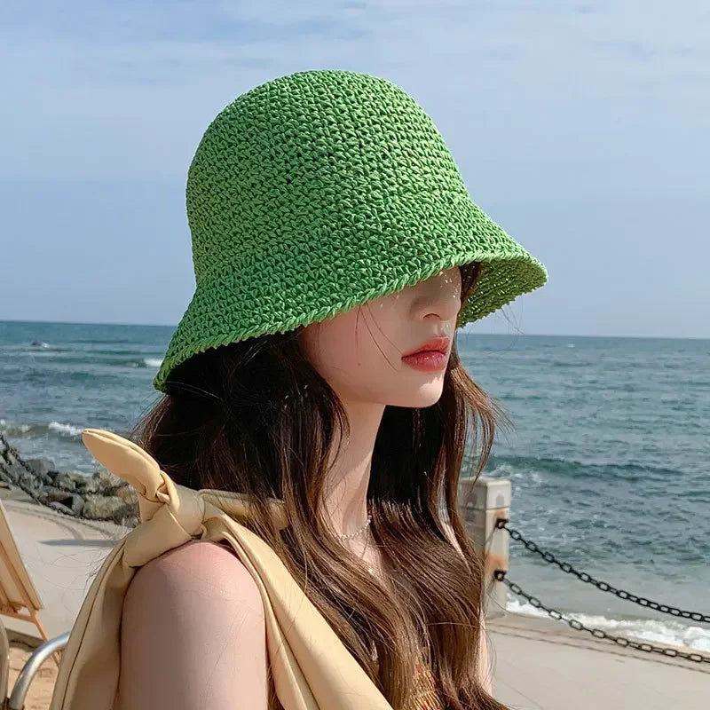 Woven Straw Dome Bucket Hat — Wide Brim Sun Hat for Women