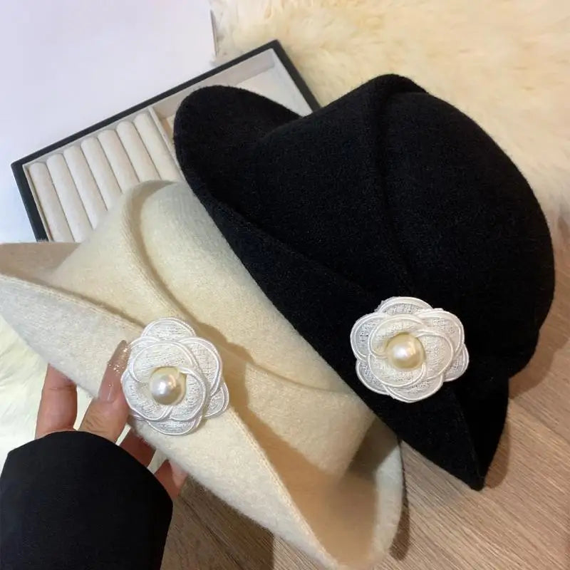 Retro Styled Ruffled Camellia Heiress Hat for Women, French-style Elegant Autumn/Winter Fishermen's Top Hat