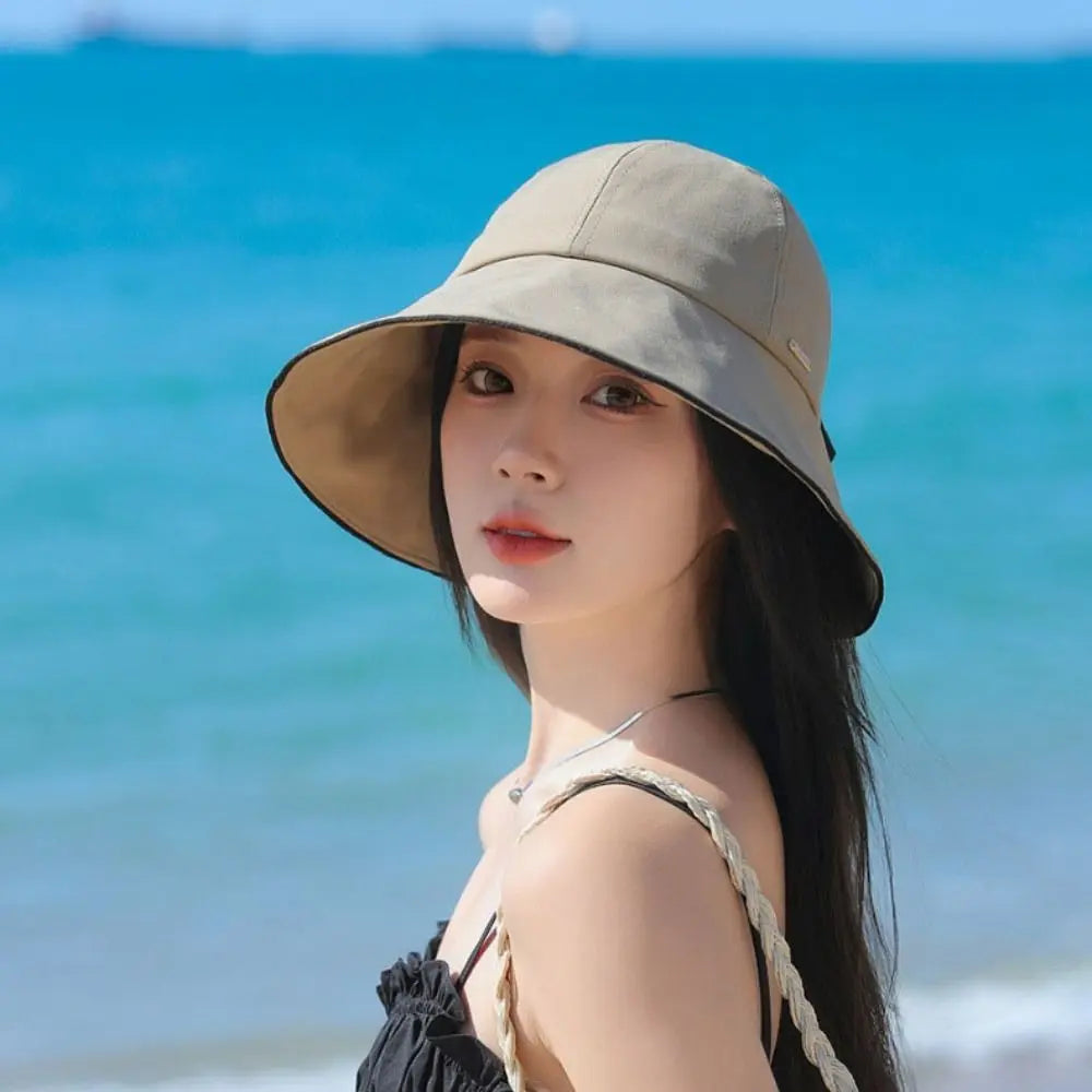 Casual Wide Brim Sun Hat UV Protection Breathable Women Bucket Hat Foldable with Bow Ponytail Hole Summer Beach Hat