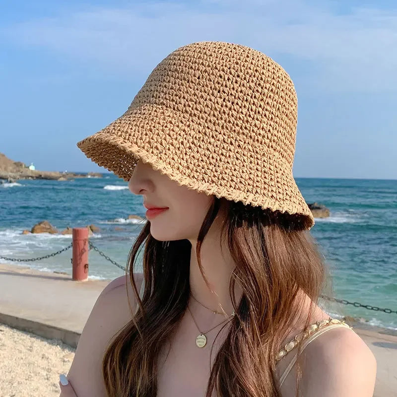 Woven Straw Dome Bucket Hat — Wide Brim Sun Hat for Women