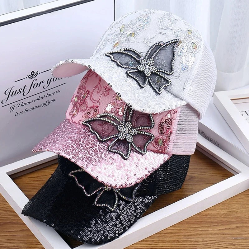 Women's Black Rhinestone Butterfly Decorated Ball Cap Adjustable Breathable Mesh Spring Summer Autumn Style Hat