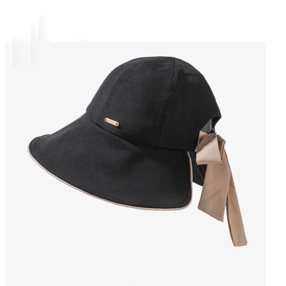 Casual Wide Brim Sun Hat UV Protection Breathable Women Bucket Hat Foldable with Bow Ponytail Hole Summer Beach Hat