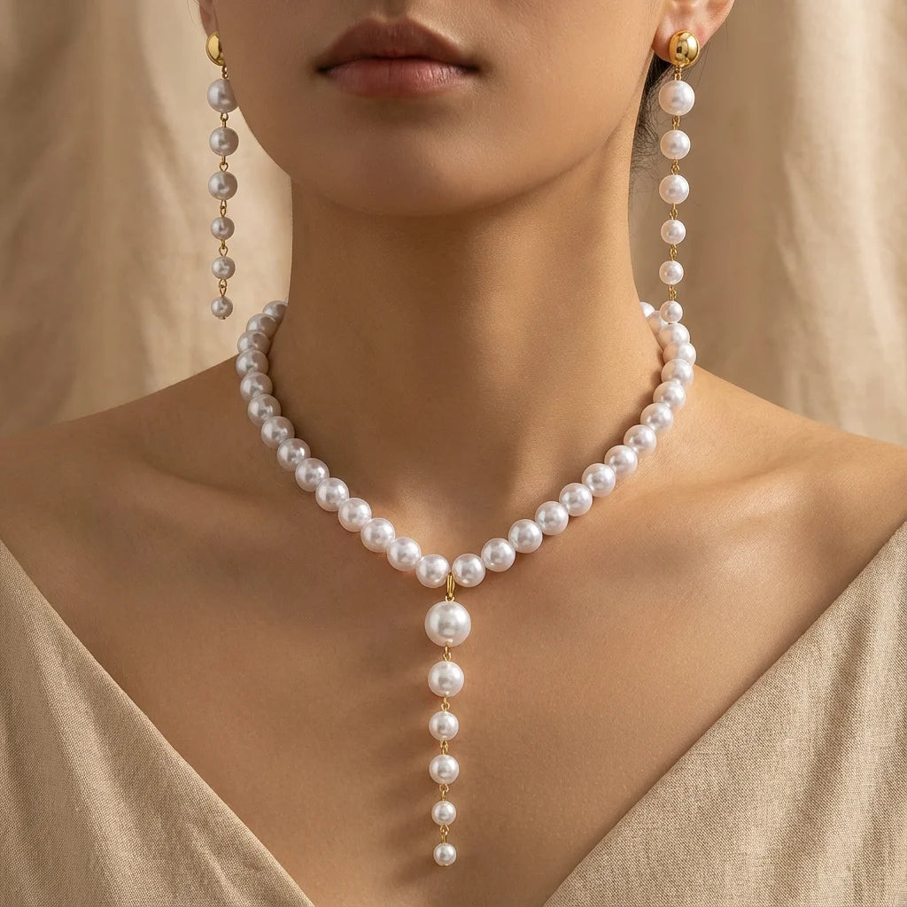 Retro Luxury Imitation Pearl Y shape Necklace Earring Set for Women Elegant Round Bead Pendant Tassel Suit Wedding Party Gift