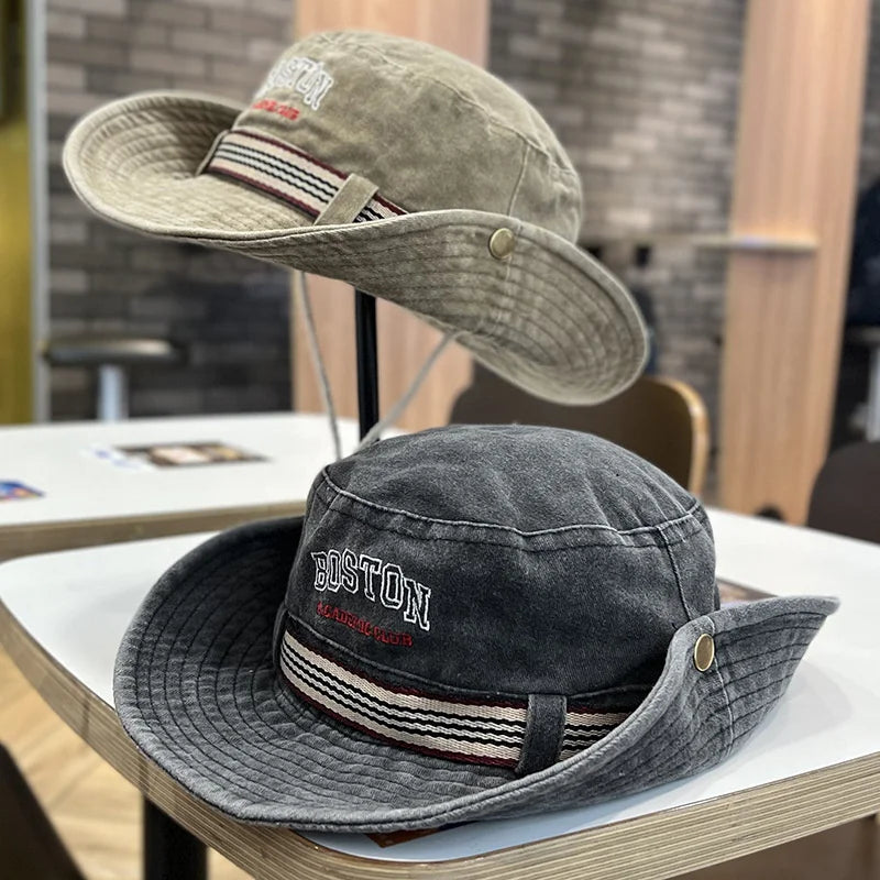 Summer Men Bucket Hat Outdoor Washed Cotton UV Protection Wide Brim Panama Safari Hunting Hiking Hat Adjustable Sunscreen Cap