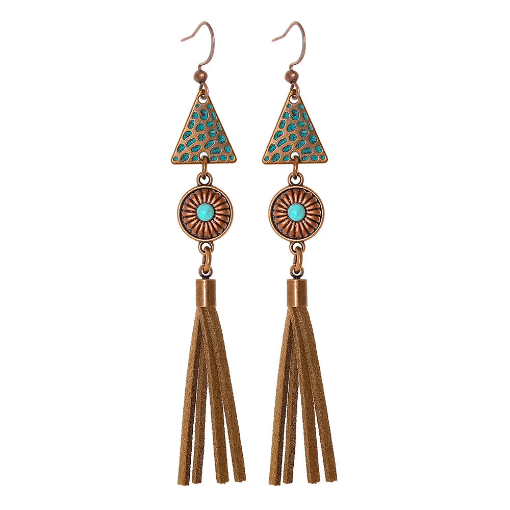 Boho Vintage Geometric Dangle Earrings – Ethnic Metal Leaf Tassel & Giving Free-Spirit Statement Energy 🌿✨