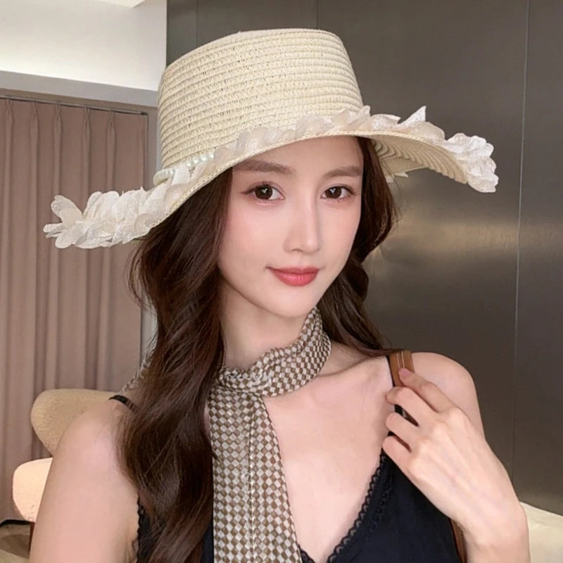 Pearl-Trimmed Straw Hat