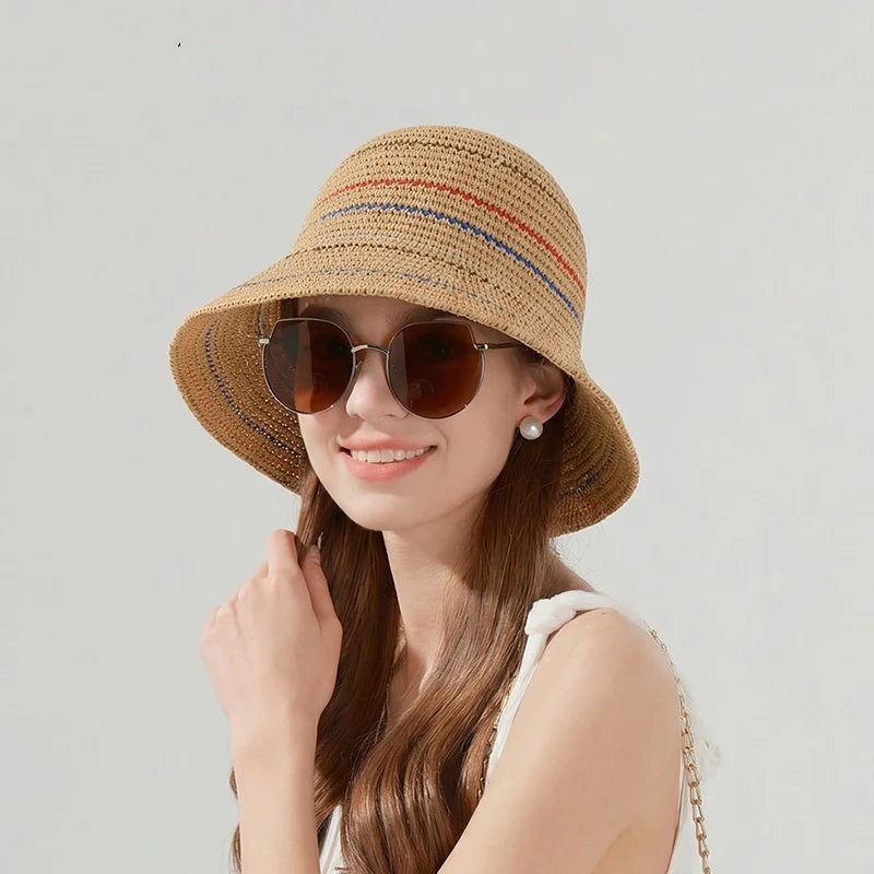 Color-Blocked Striped Handmade Bucket Hat