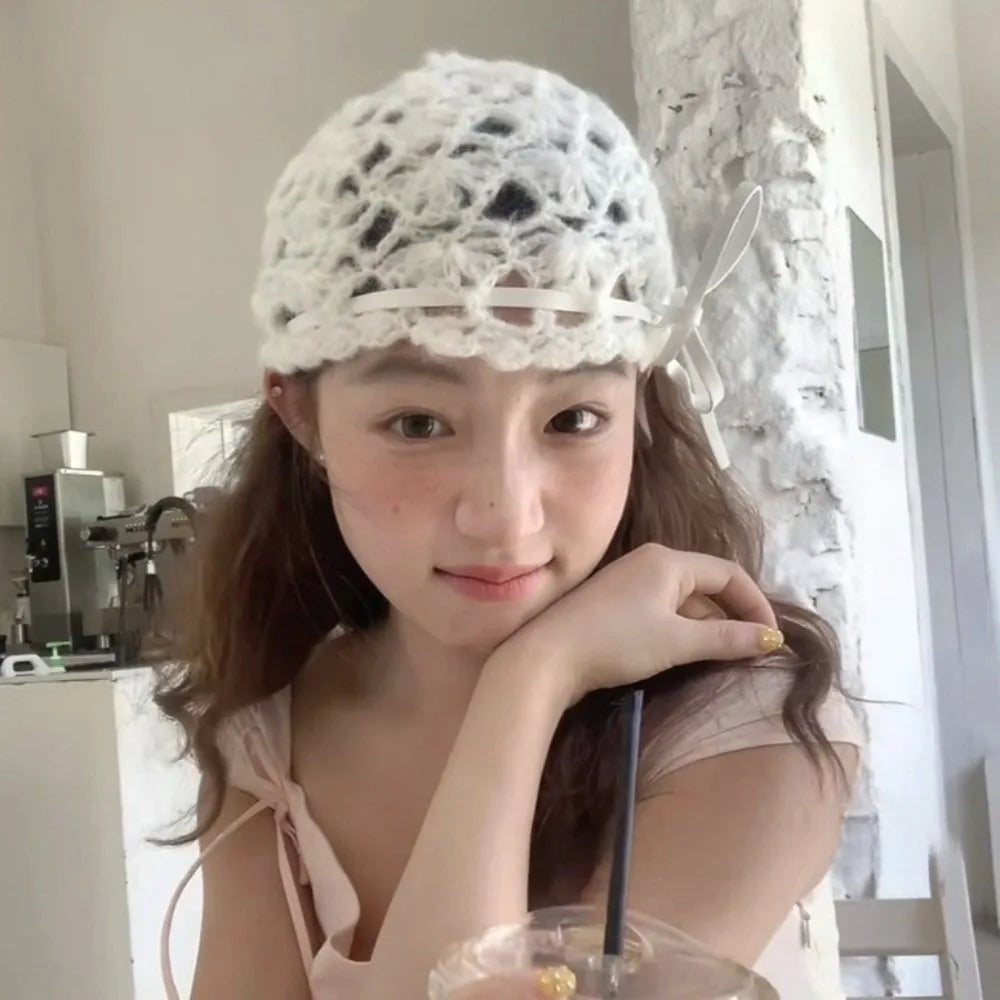 Casual Bow Crochet Hollow Knitted Hat Strapped Bohemian Style Ethnic Style Hat Thin Hollow Out Weave Cap Apparel Accessories