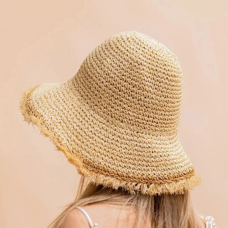 Crochet Straw Hat for Women Summer Handmade Hollow Out Panama Raffia Paper Tassel Edge Beach Hats UV Protect Foldable Sun Visor