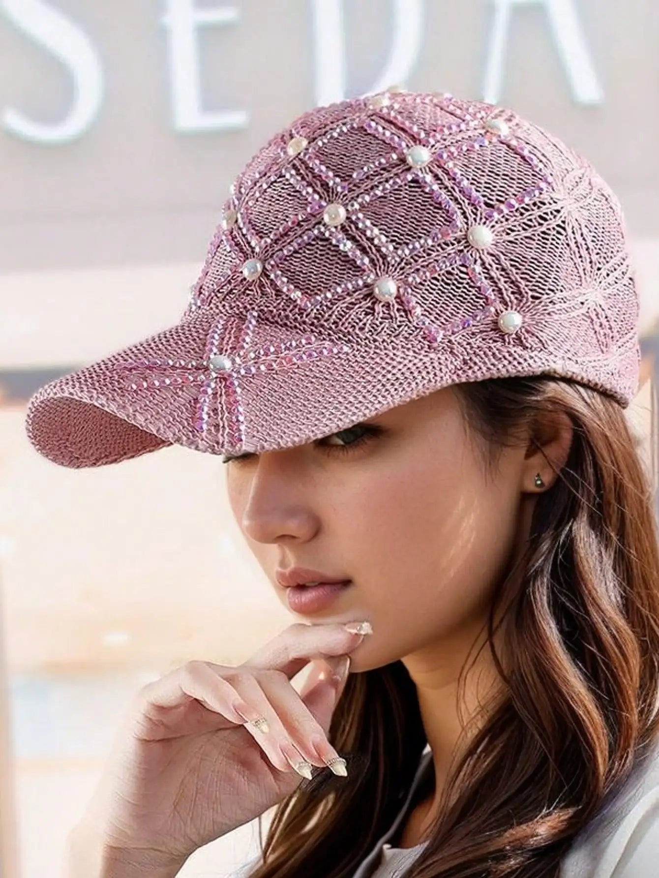 Adjustable Stylish Four-leaf Clover Pearl Embellished Women's Breathable Mesh Baseball Cap/sun Protection Hat for Spring Summer.