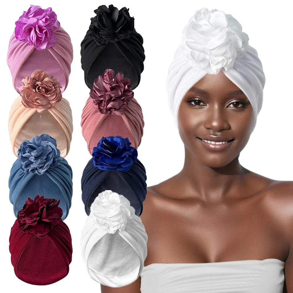 Women Turban Hat Bonnet Indian Cap Head Wrap Big Flower Elastic Hair Bands Hat Beanie Ladies Girls Hair Accessories