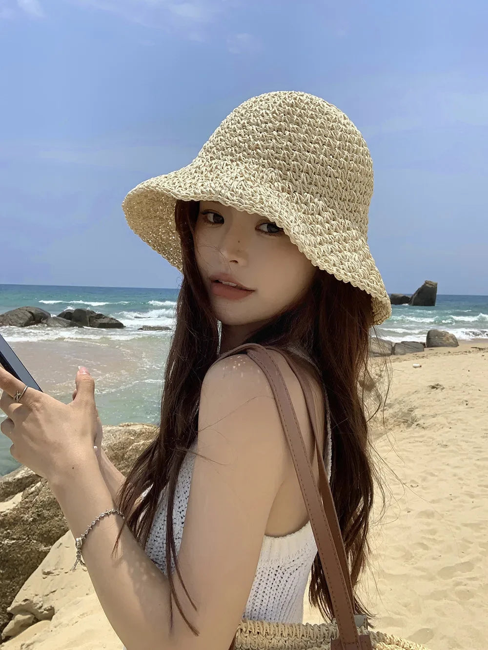 2025 New Women's Braided Straw Fisherman Hat UPF50+ Breathable Summer Beach Vacation Sun Protection Wide Brim Adjustable