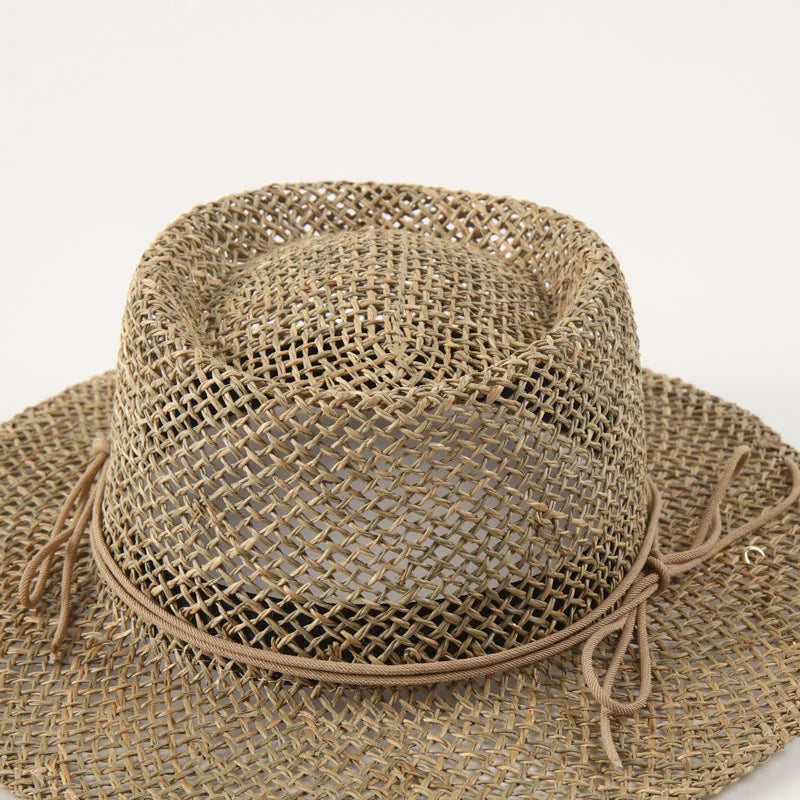 Women Straw Fedora Sea Grass Sun Hat Long Gold Chain Summer Panama Hat Wide Brim Beach Hat UPF50+ Derby Church Garden Party Hat