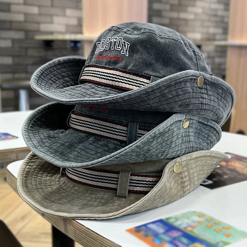 Summer Men Bucket Hat Outdoor Washed Cotton UV Protection Wide Brim Panama Safari Hunting Hiking Hat Adjustable Sunscreen Cap