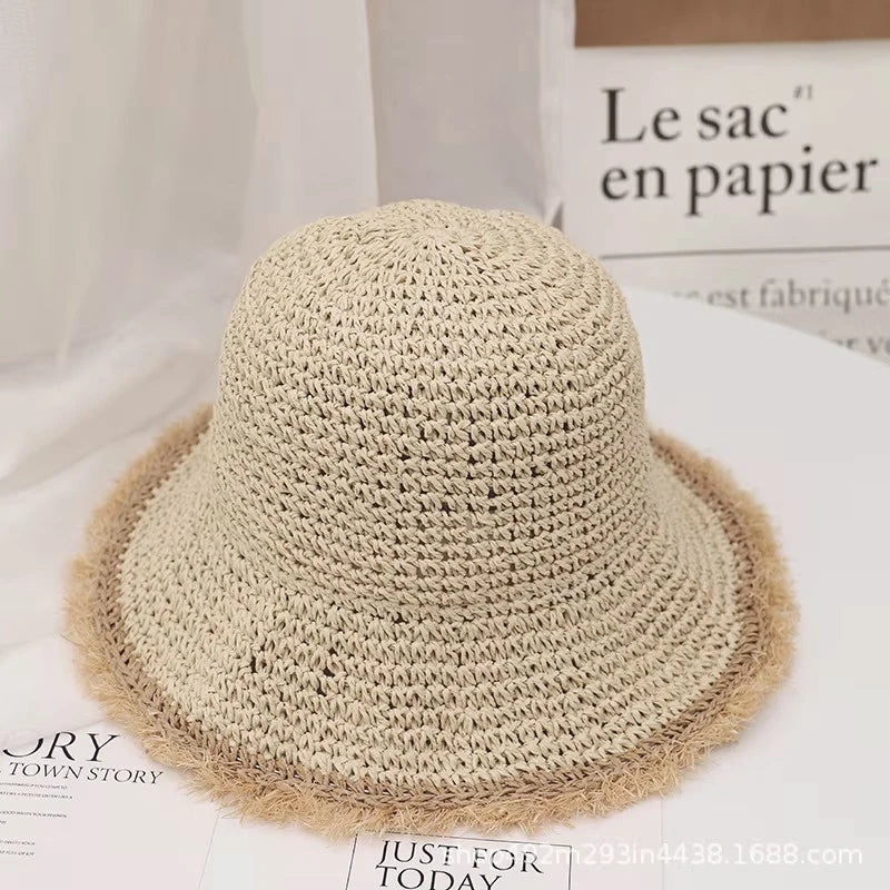 Crochet Straw Hat for Women Summer Handmade Hollow Out Panama Raffia Paper Tassel Edge Beach Hats UV Protect Foldable Sun Visor