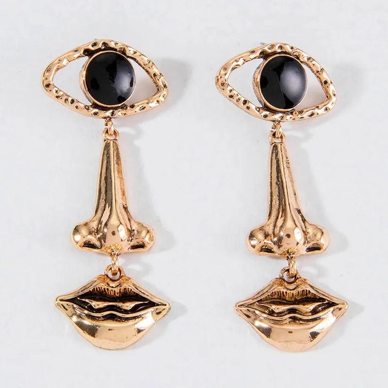 1Pair Exquisite Long Retro Lips & Nose & Eye Design Earrings, Cool Abstract Earrings Jewelry , Creative Gift