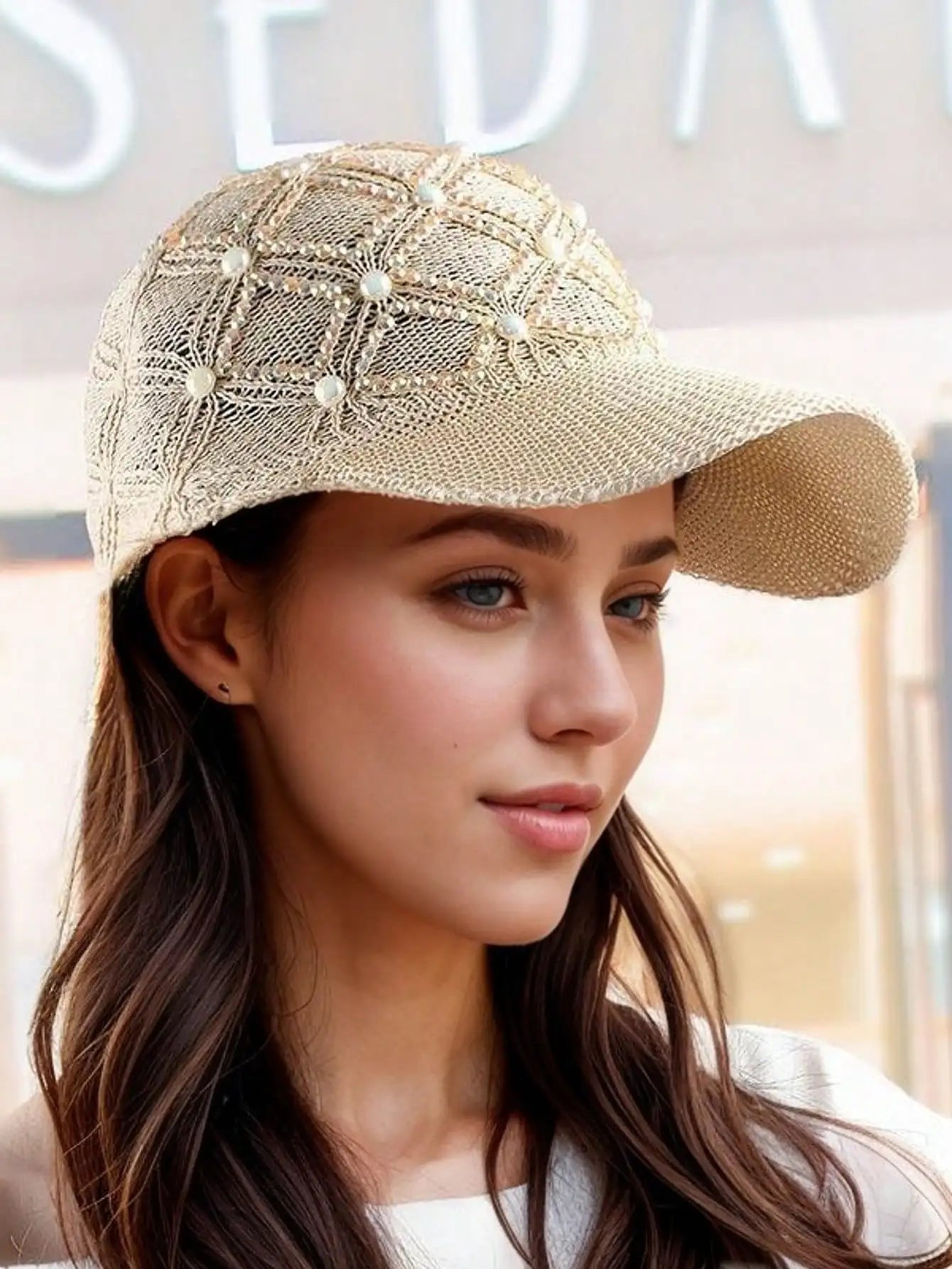 Adjustable Stylish Four-leaf Clover Pearl Embellished Women's Breathable Mesh Baseball Cap/sun Protection Hat for Spring Summer.