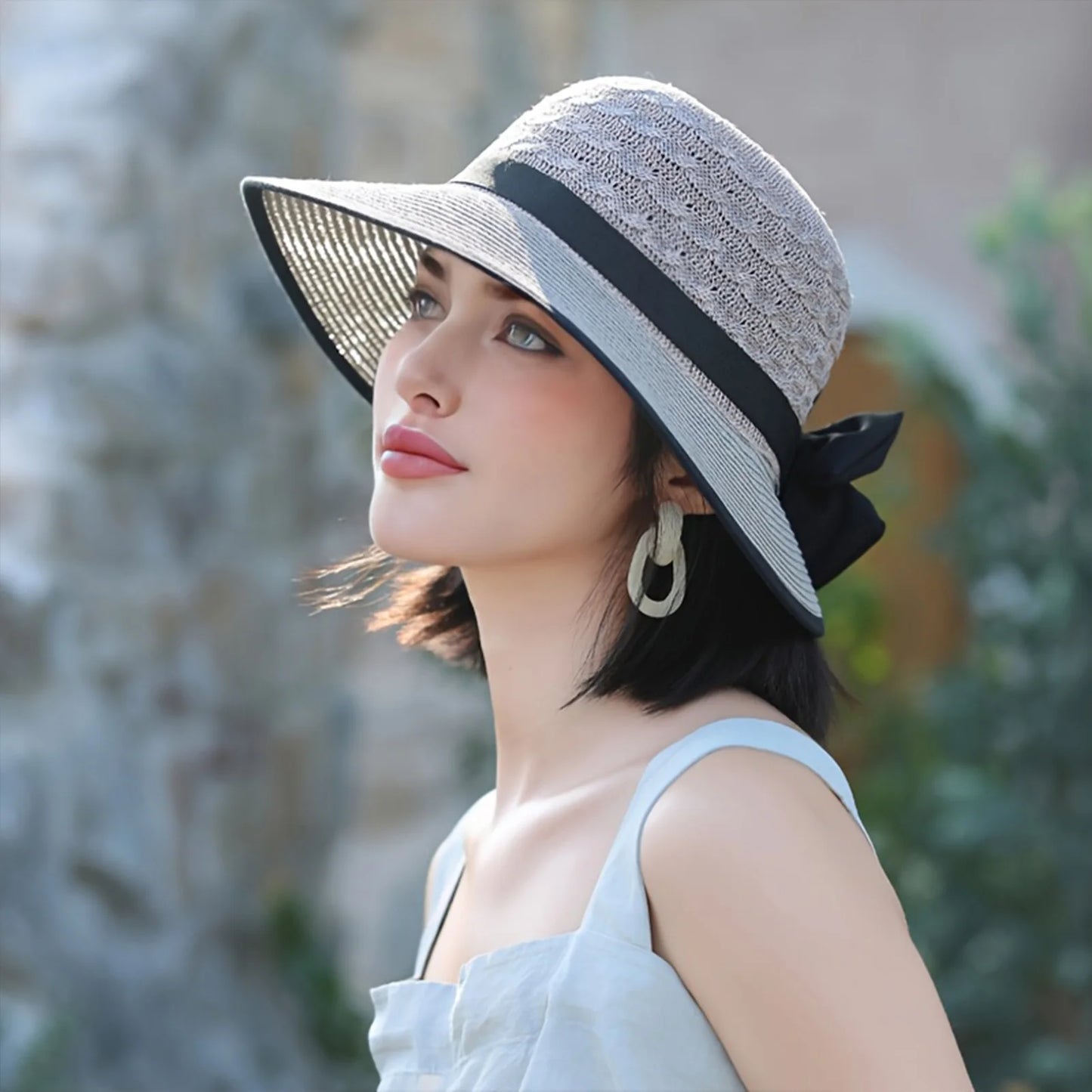 Summer Beach Straw Sun Hat Breathable French Style Bowknot Straw Hats Elegant Hat for Outdoor Travel Photography