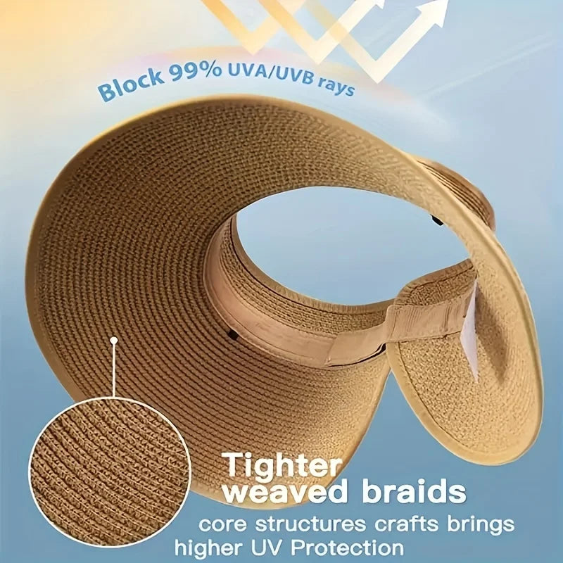 Foldable Wide Brim Straw Visor Hat — UV Protection Beach Sun Hat for Women