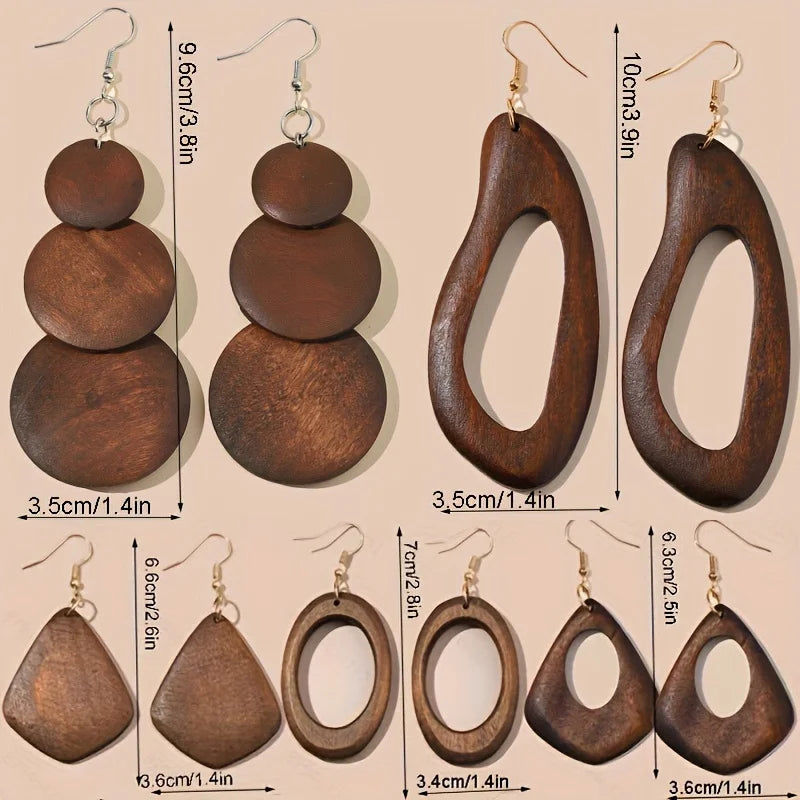5 Pairs/Set Retro Brown Solid Wood Dangle Style Women's Earrings Set