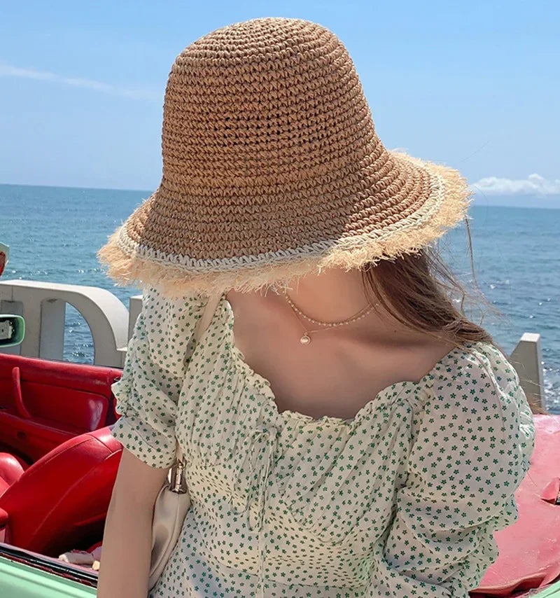 Woven Straw Dome Bucket Hat — Wide Brim Sun Hat for Women