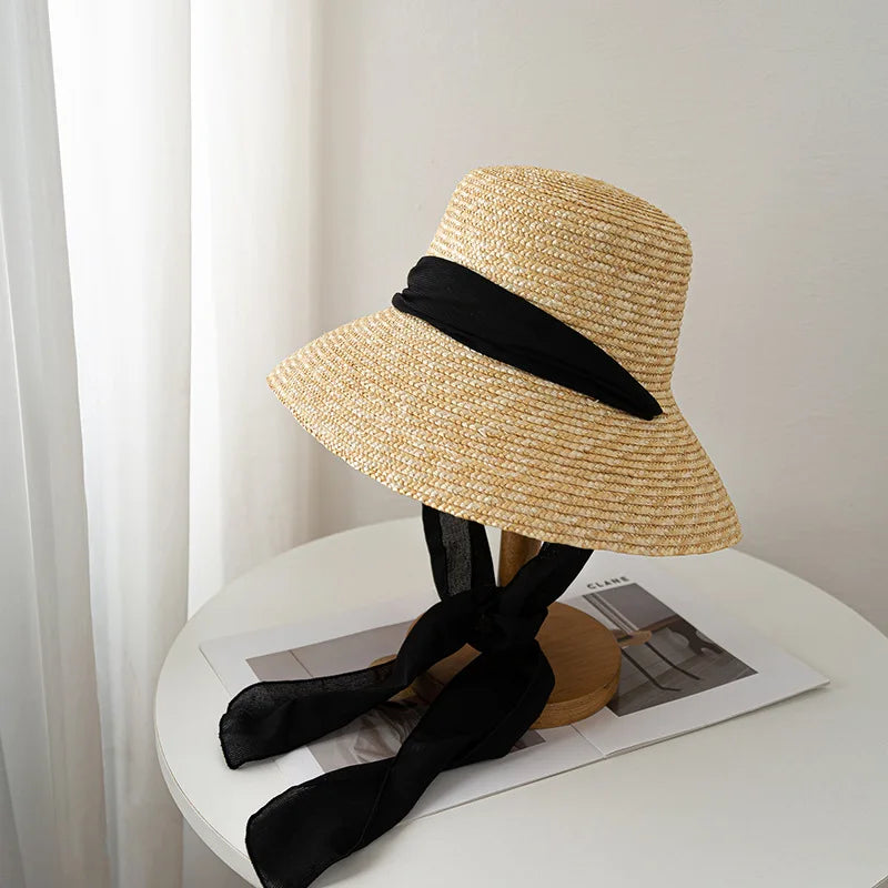 Summer straw hat black edging French elegant ladies seaside travel sun hat Hepburn style wide brim straw hat  кепка женская