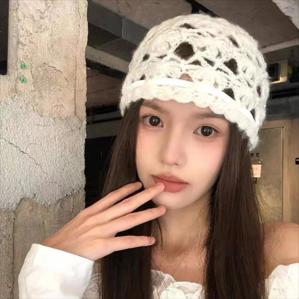 Casual Bow Crochet Hollow Knitted Hat Strapped Bohemian Style Ethnic Style Hat Thin Hollow Out Weave Cap Apparel Accessories