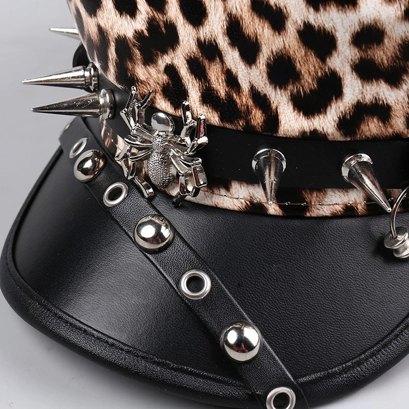 Vintage Leather Beret Hat – Leopard Print, Silver Rivets & Giving Parisian Baddie Energy 🐆✨