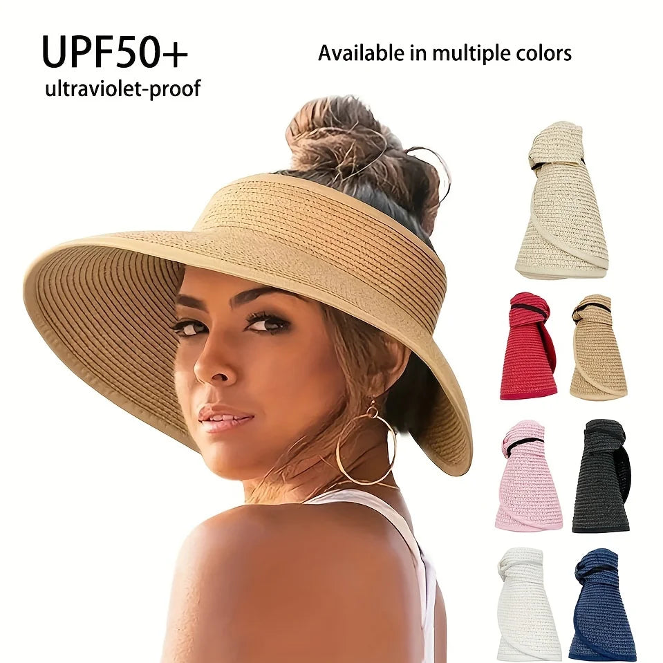 Foldable Wide Brim Straw Visor Hat — UV Protection Beach Sun Hat for Women