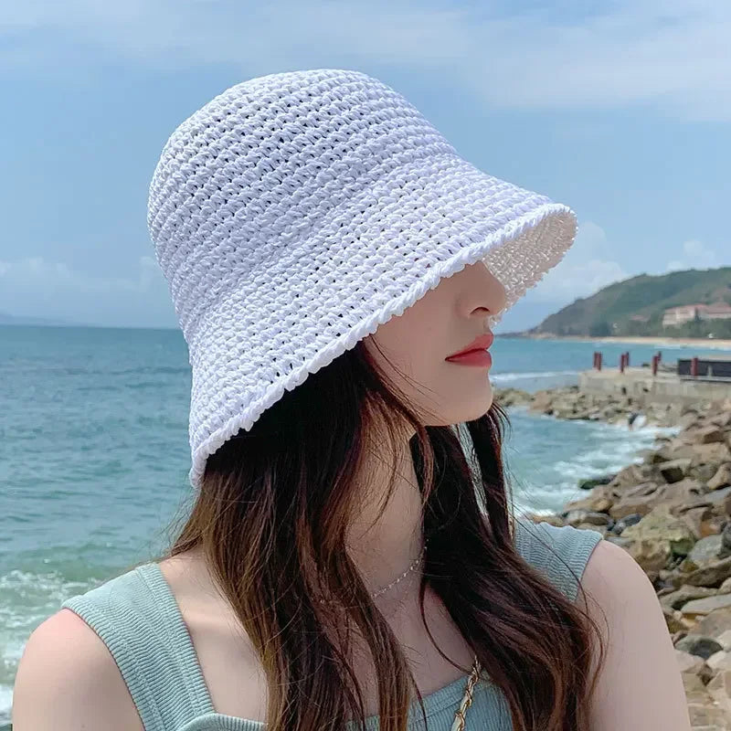 Woven Straw Dome Bucket Hat — Wide Brim Sun Hat for Women