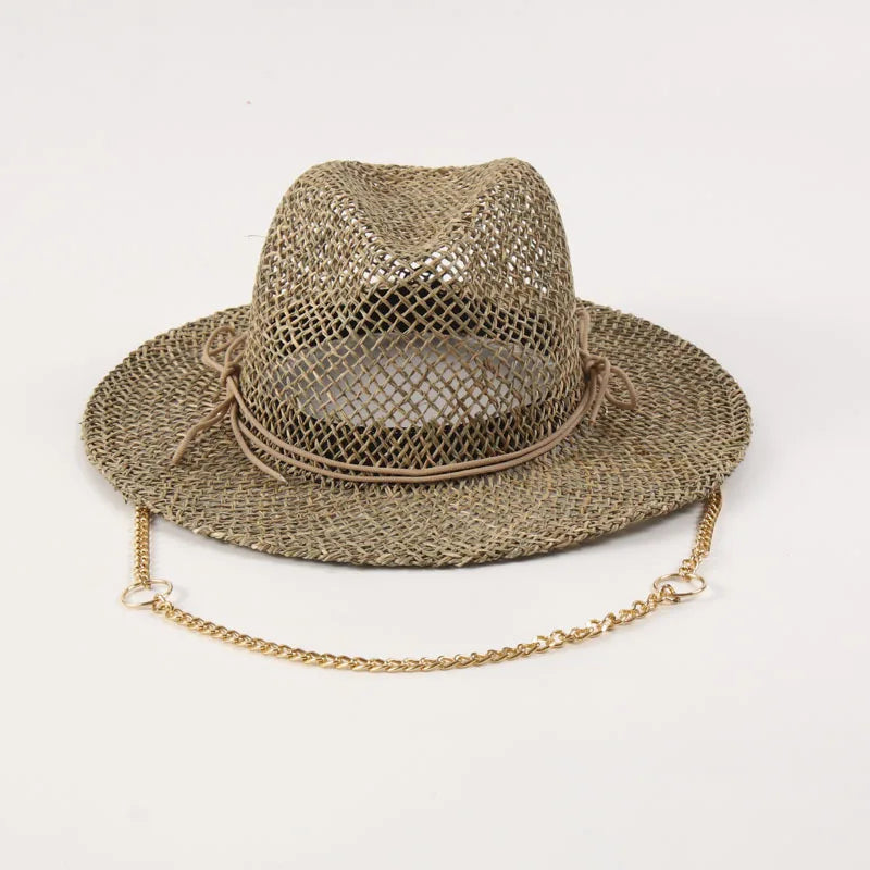 Women Straw Fedora Sea Grass Sun Hat Long Gold Chain Summer Panama Hat Wide Brim Beach Hat UPF50+ Derby Church Garden Party Hat