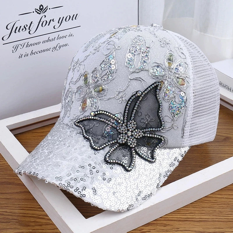 Women's Black Rhinestone Butterfly Decorated Ball Cap Adjustable Breathable Mesh Spring Summer Autumn Style Hat