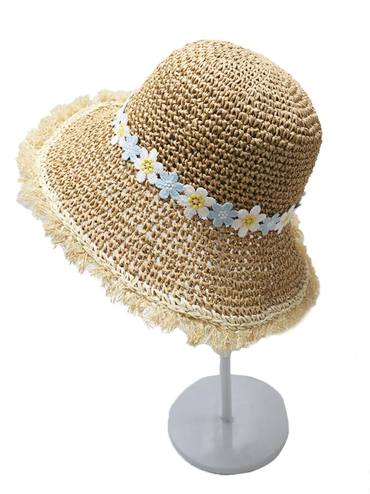 Crochet Straw Hat for Women Summer Handmade Hollow Out Panama Raffia Paper Tassel Edge Beach Hats UV Protect Foldable Sun Visor