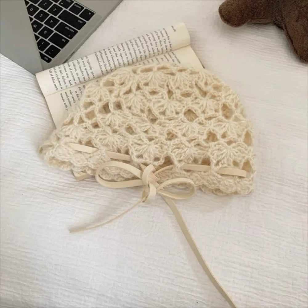 Casual Bow Crochet Hollow Knitted Hat Strapped Bohemian Style Ethnic Style Hat Thin Hollow Out Weave Cap Apparel Accessories