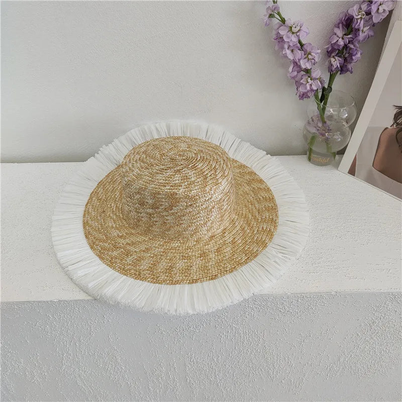 Summer straw hat black edging French elegant ladies seaside travel sun hat Hepburn style wide brim straw hat  кепка женская