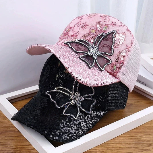 Women's Black Rhinestone Butterfly Decorated Ball Cap Adjustable Breathable Mesh Spring Summer Autumn Style Hat